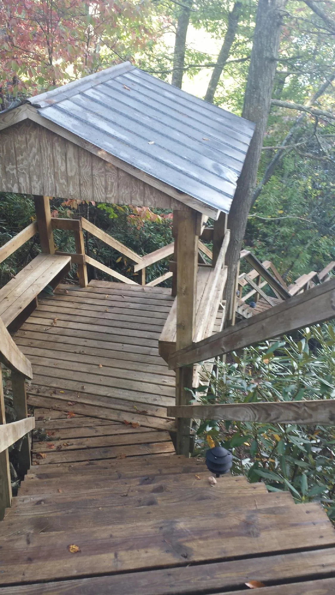 Metal roofed shelter over wooden steps on a wooded walkway — Skylight Repair & Installation work by our crew in Grifton